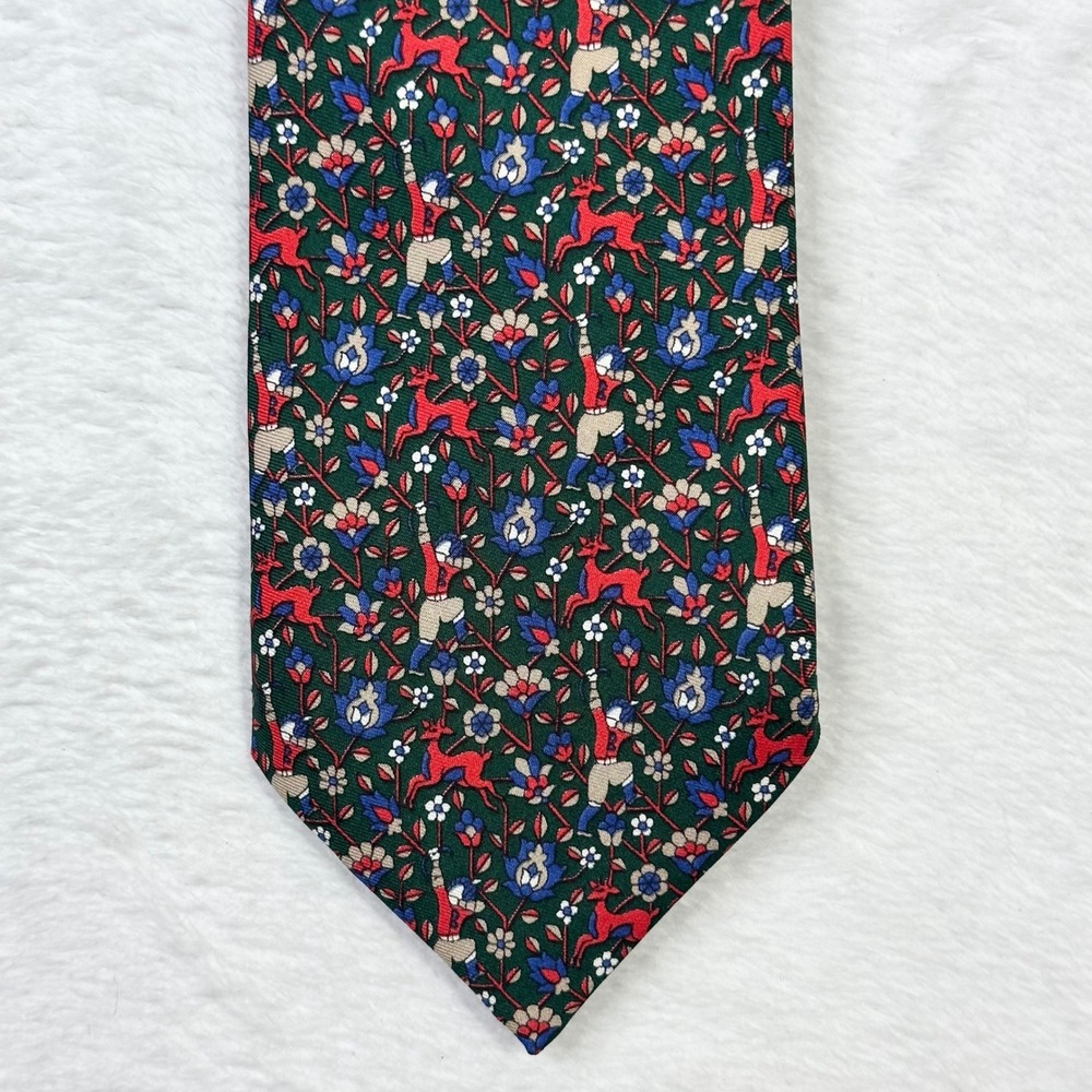 Alain Figaret Paris Necktie Silk Floral Archer Deer Made in France‎ Green Red